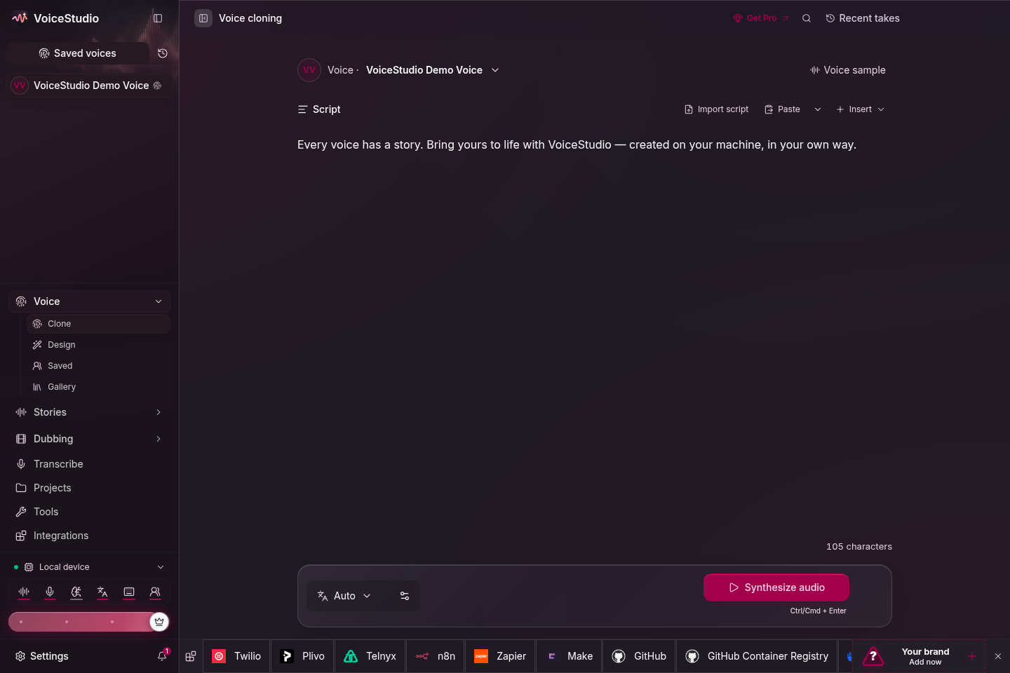 Voice cloning workspace with the bundled demo voice