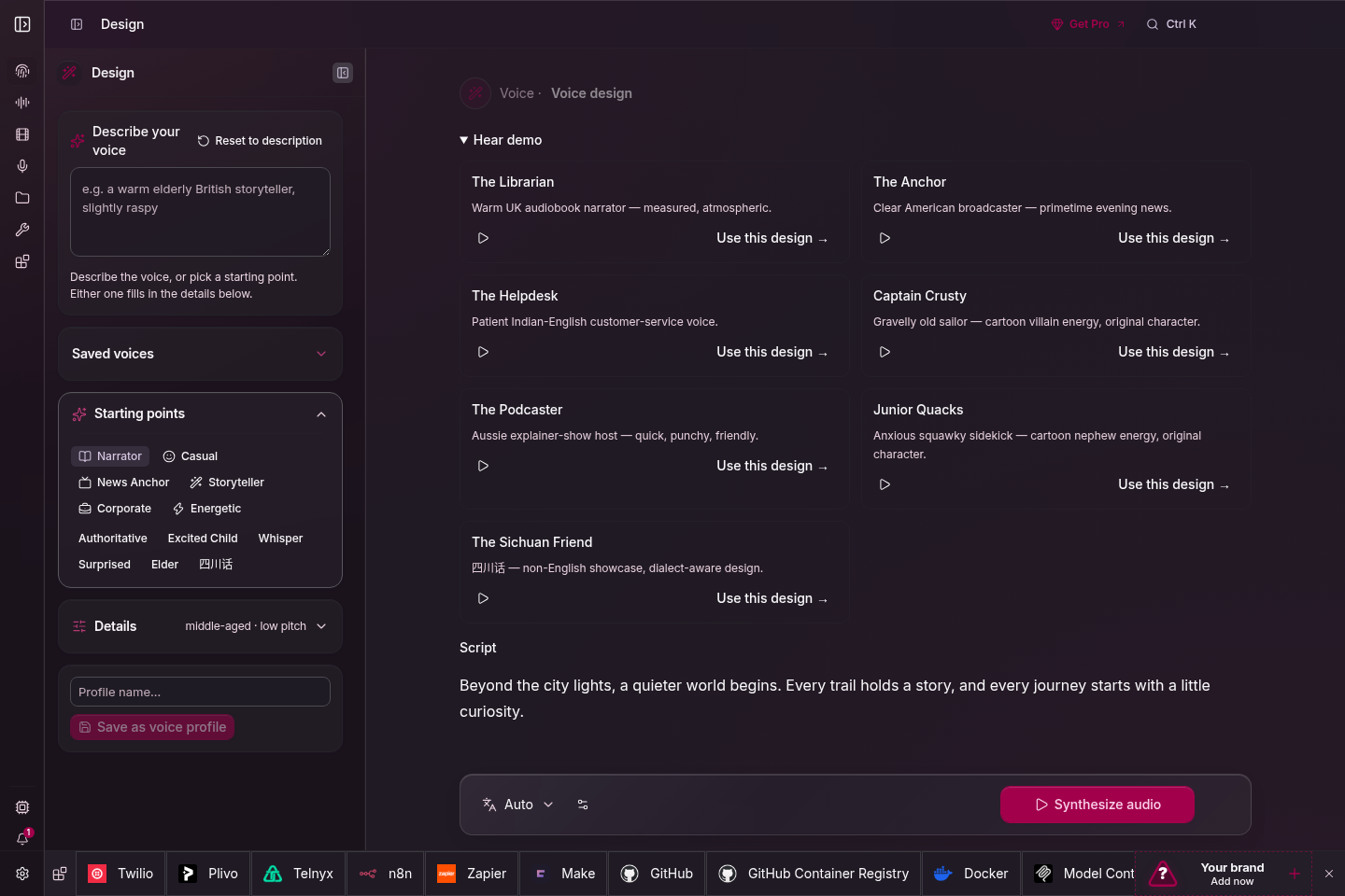Describe a voice in the voice design workspace